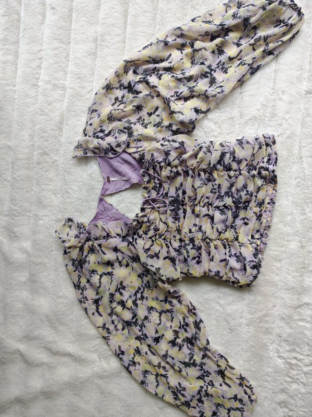 Free People Floral Ruched Blouse Top Puff Sleeve Tie Front Cottagecore Boho M - Picture 11 of 16